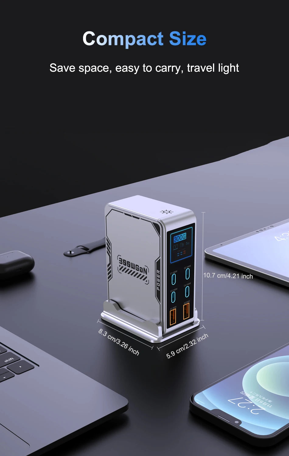 300W GaN 6-Port Desktop Fast Charger Station with Digital Display