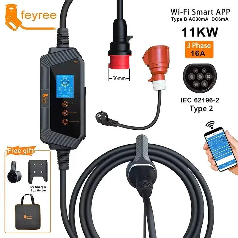 11KW Portable EV Charger Type 2, Wi-Fi App Control, 16A Fast Charging
