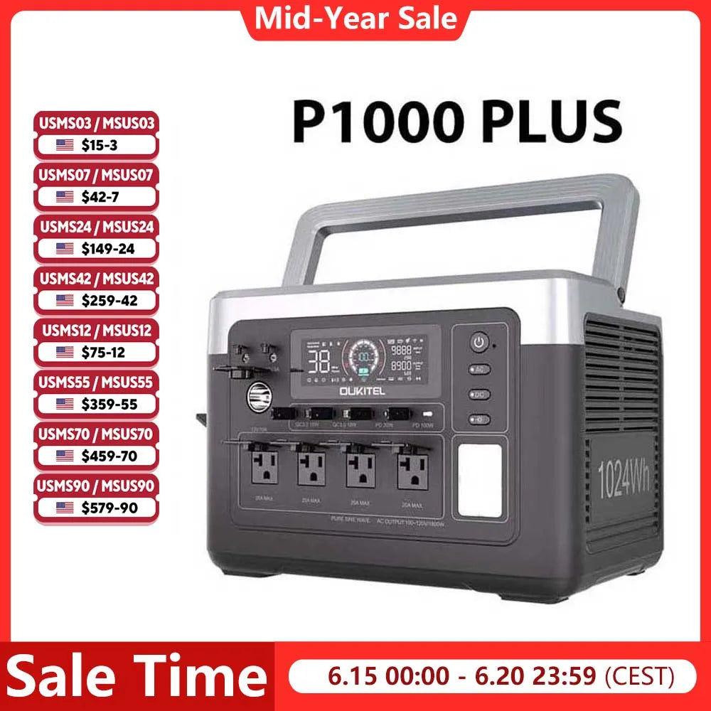 OUKITEL P1000 Plus 1800W Portable Power Station 1024Wh LiFePO4 Solar Generator - 1