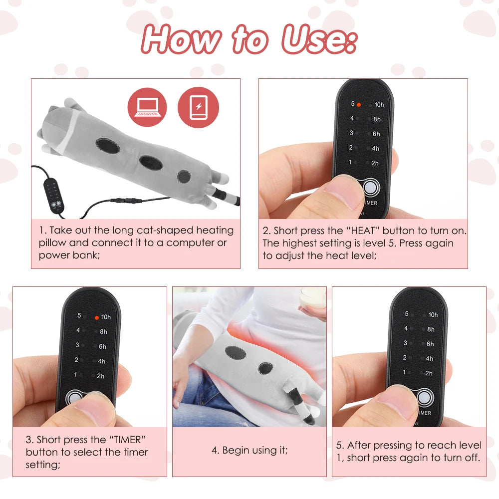 USB Heated Cat Plush Pillow - Adjustable Warming Cushion for Comfort and Pain Relief - 13