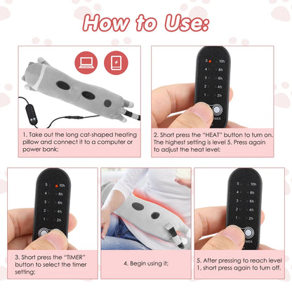 USB Heated Cat Plush Pillow - Adjustable Warming Cushion for Comfort and Pain Relief