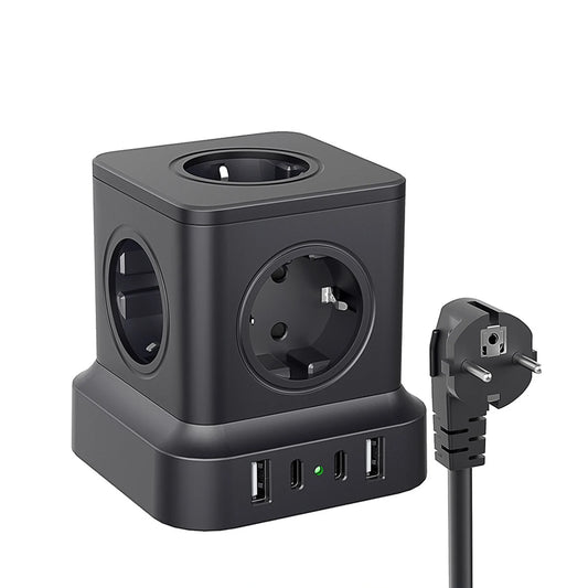 9-in-1 European Tower Power Strip with 4 USB Ports & 1.8m Extension Cord