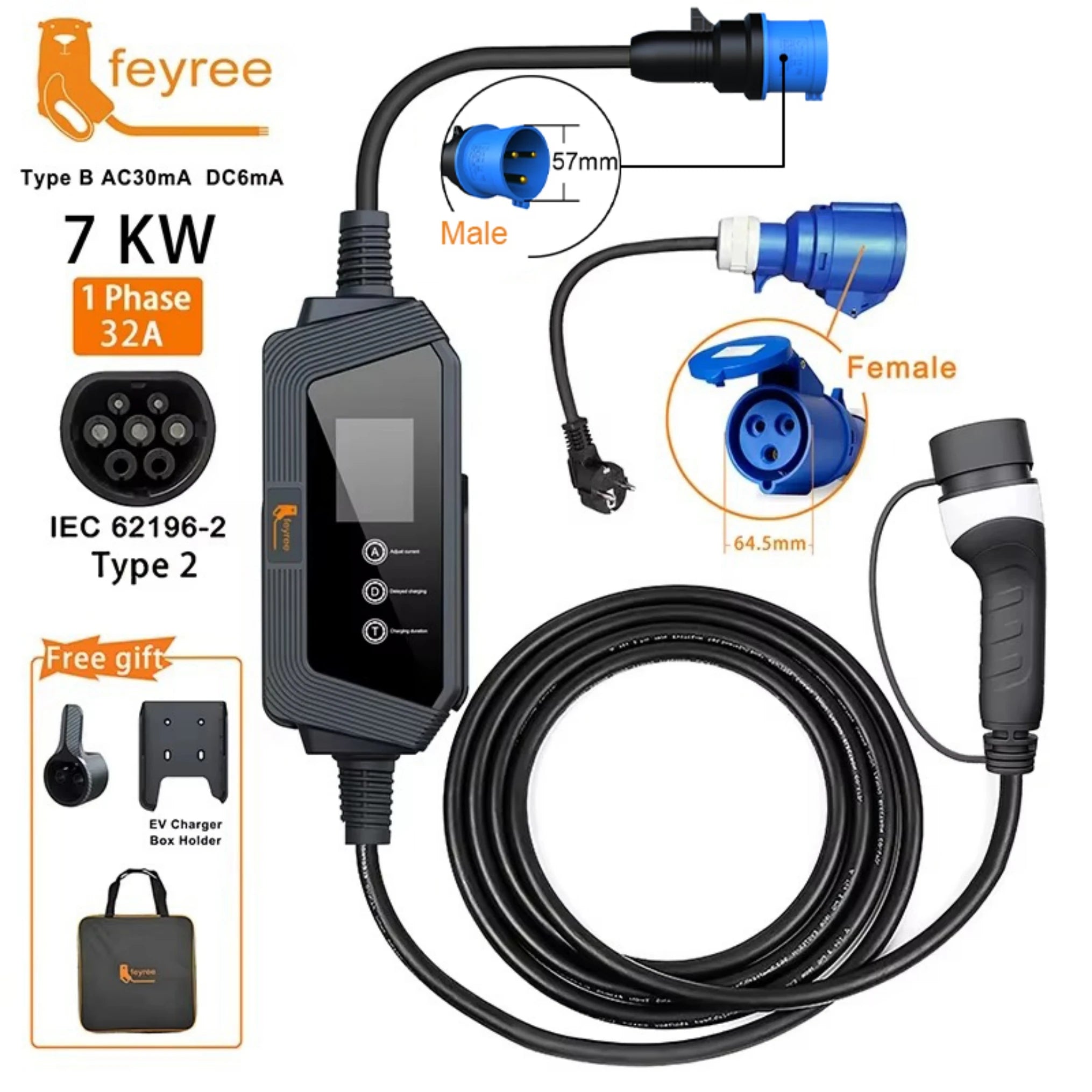 7KW Portable EV Charger Type 2 - 32A Fast Electric Car Charging Station - 20
