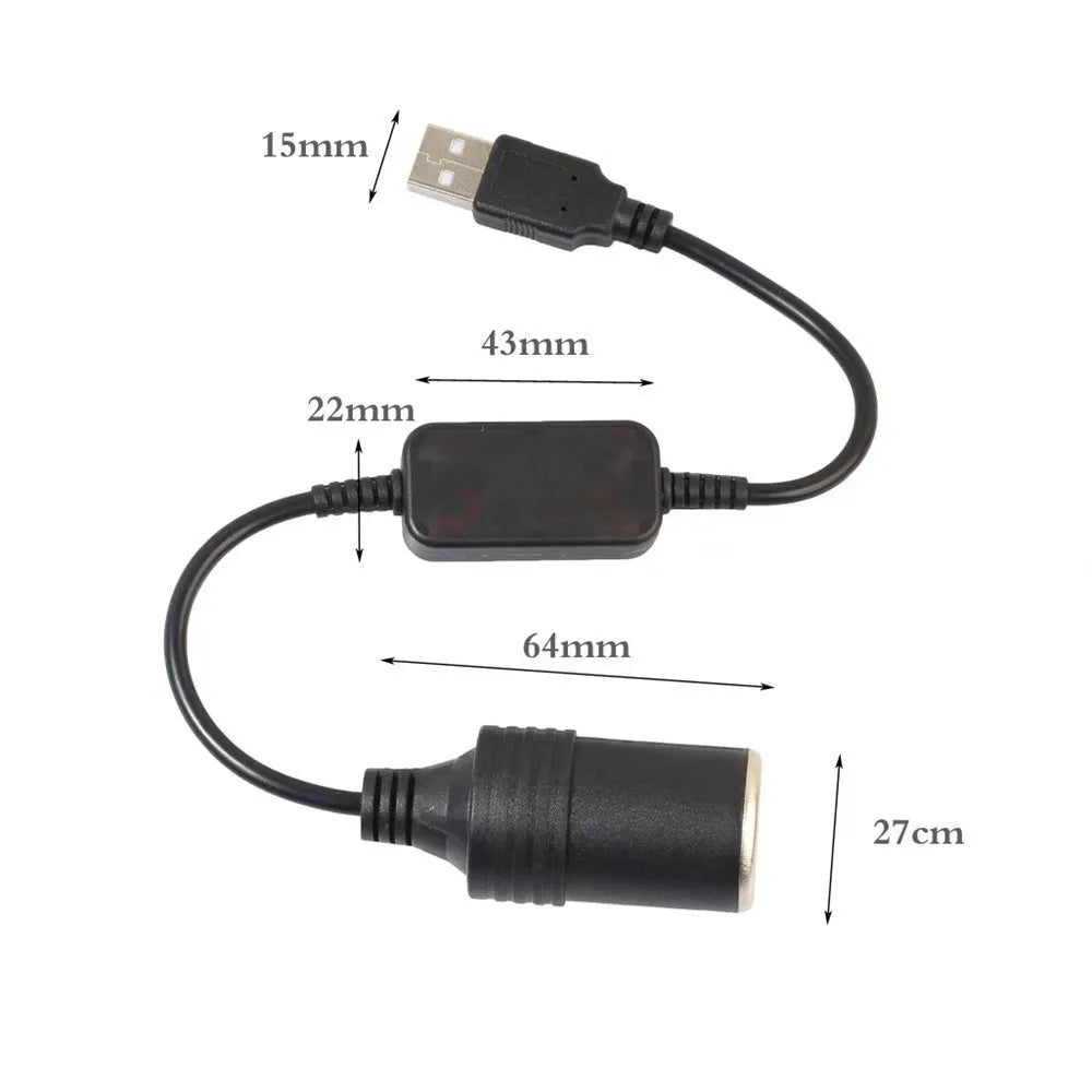 USB to 12V Car Cigarette Lighter Socket Converter - 5V to 12V Adapter