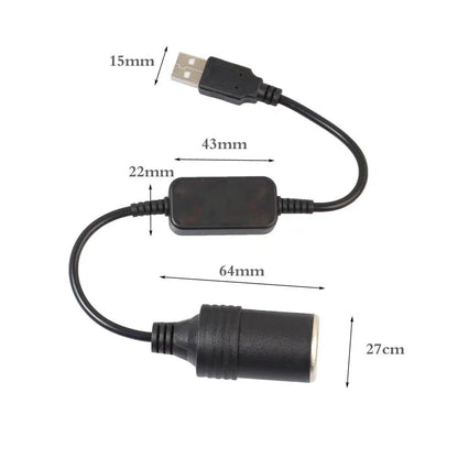 USB to 12V Car Cigarette Lighter Socket Converter - 5V to 12V Adapter