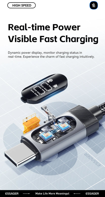 100W PD Fast Charging USB-C Cable with Digital Power Display