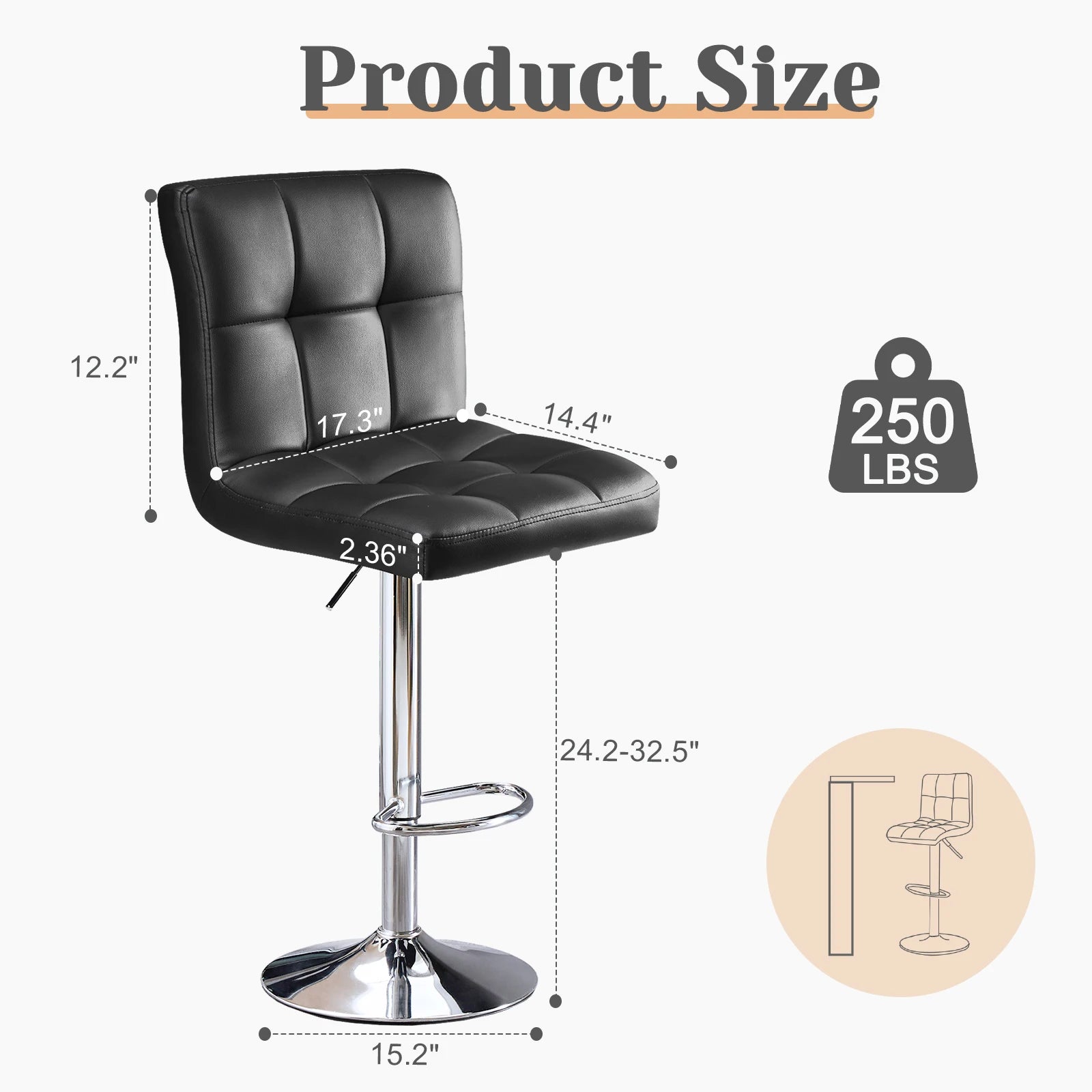 Set of 2 PU Leather Bar Stools - Comfortable Kitchen Counter Height Chairs - 2