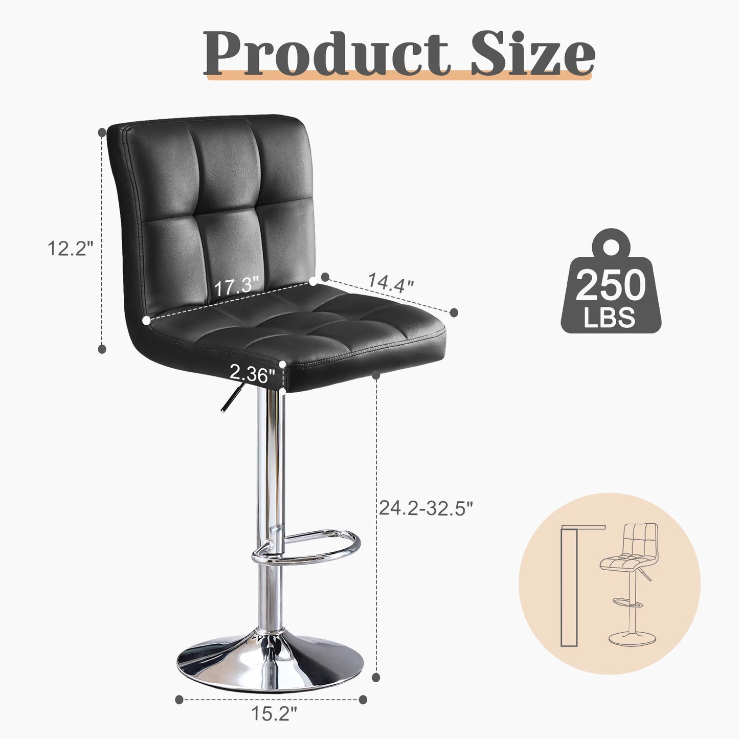 Set of 2 PU Leather Bar Stools - Comfortable Kitchen Counter Height Chairs