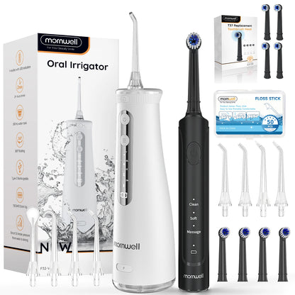 2-in-1 Electric Toothbrush and Water Flosser Combo with 4 Replaceable Heads