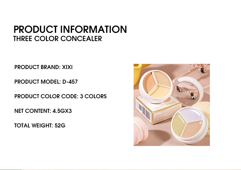 3-Color Cream Concealer Palette for Flawless Skin & Dark Circles