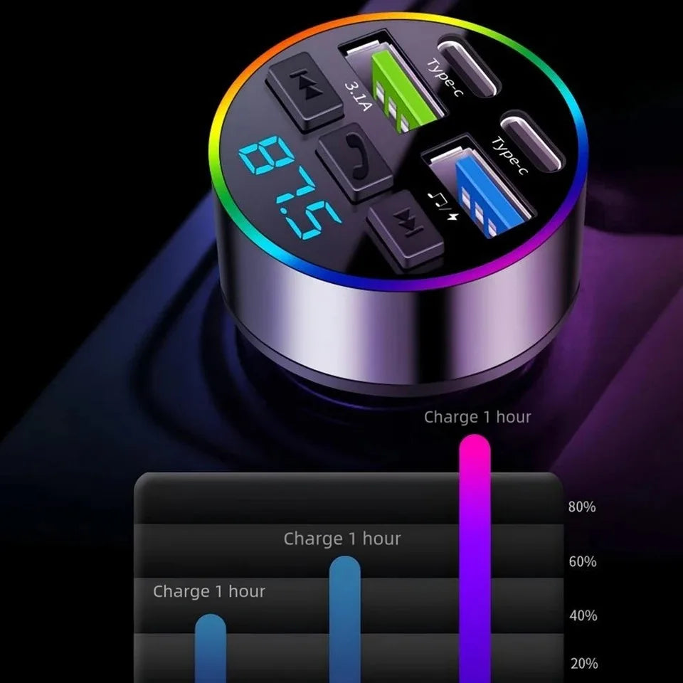 66W Fast Charge Bluetooth FM Transmitter - 4-Port Car MP3 Player Adapter - 5