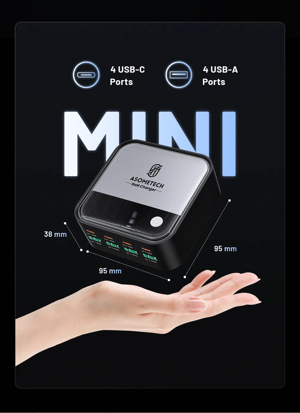100W GaN 8-Port Desktop USB Charger with LED Digital Display & Lighting