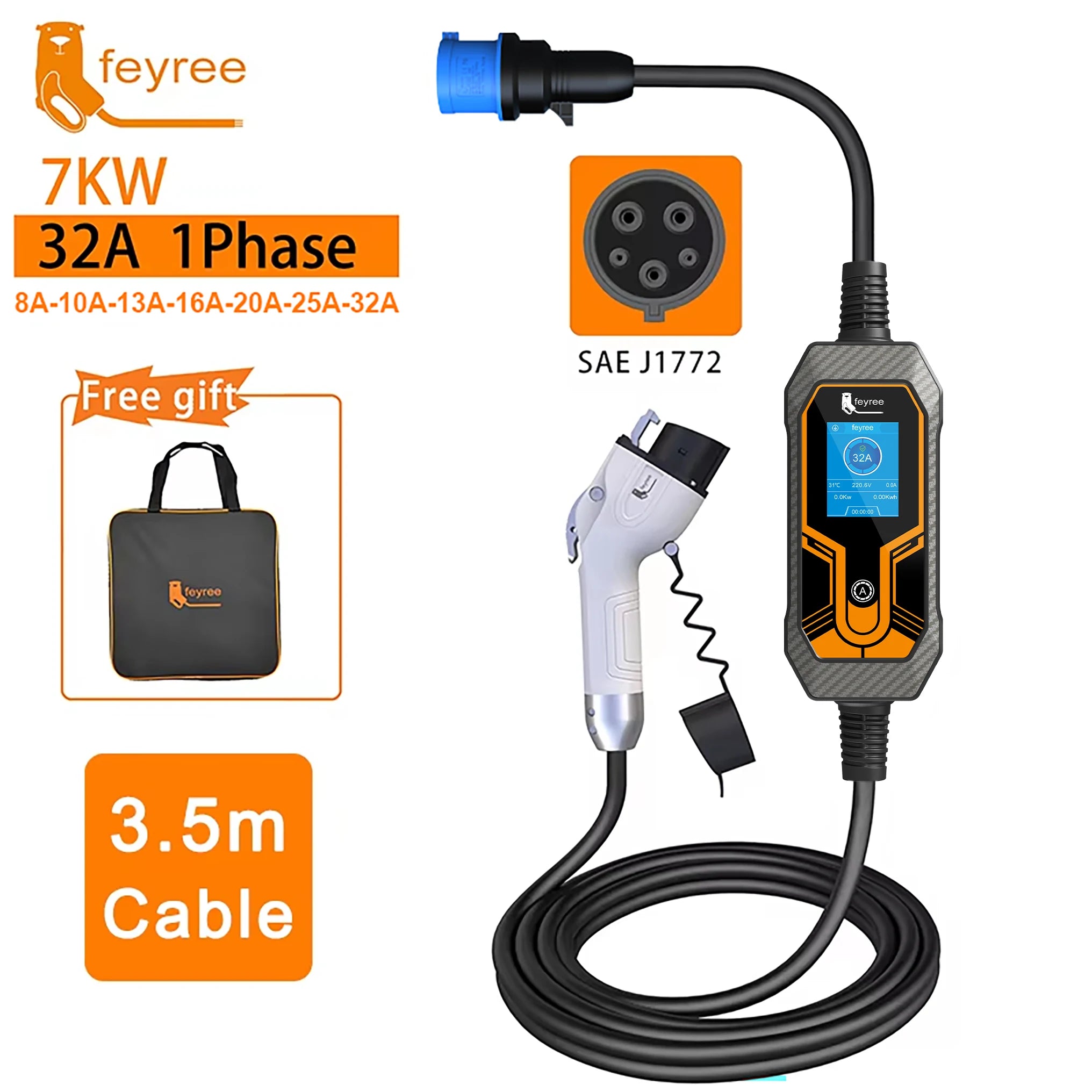 7KW Portable EV Charger Type 2 - Adjustable 32A Electric Vehicle Charging Box - 40