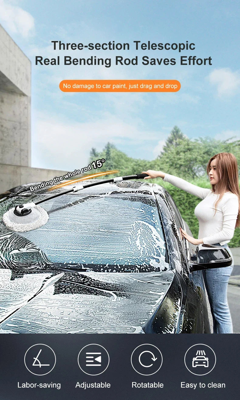 Telescopic Car Wash Mop with 15° Curved Handle & Microfiber Brush