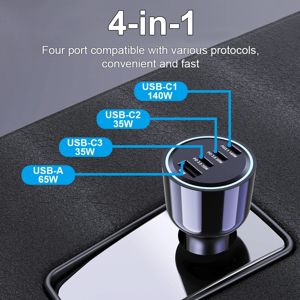 240W 4-Port USB-C Car Charger - PD 3.1 Super Fast Charging Adapter
