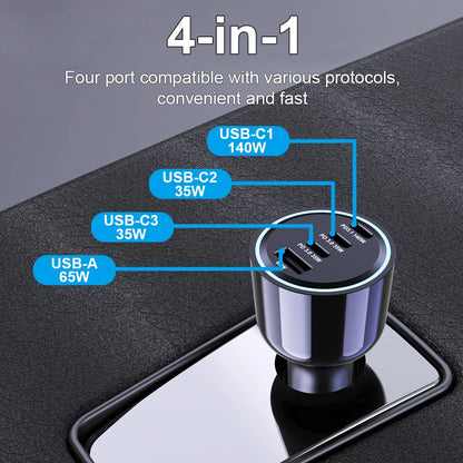 240W 4-Port USB-C Car Charger - PD 3.1 Super Fast Charging Adapter