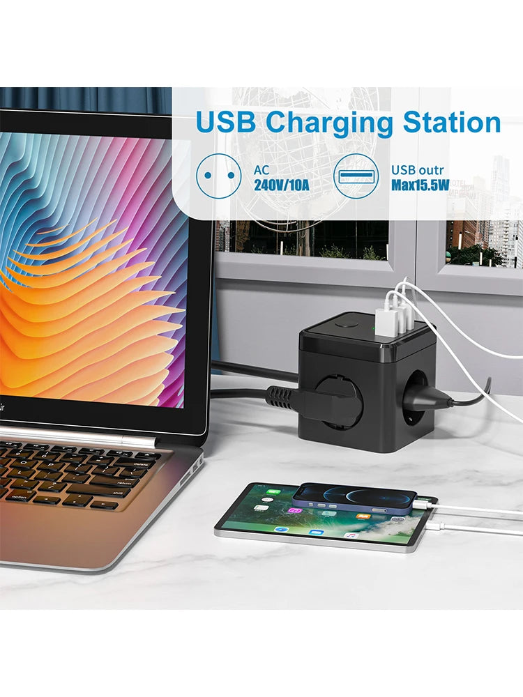 6-in-1 Cube Power Strip with 3 USB Ports & 2m Extension Cord - EU Plug - 2