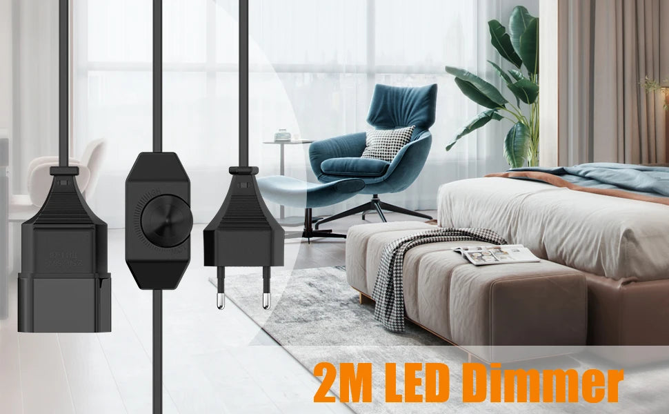 EU LED Dimmer Power Cord - 2m Rotary Dimmable Cable for LED Lamps - 7