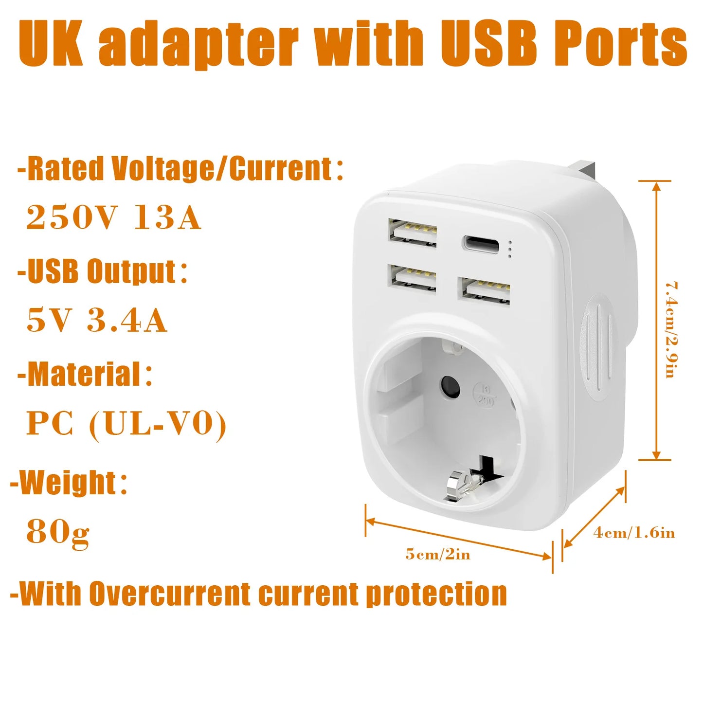 UK Travel Adapter Type G Plug with 3 USB-A & 1 USB-C Ports 5-in-1 Charger
