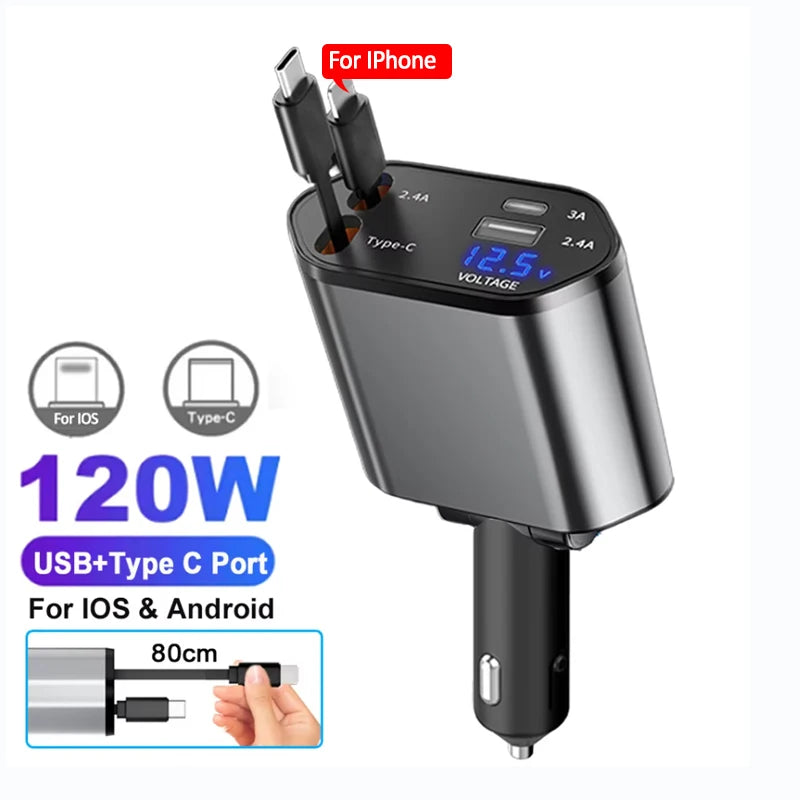 120W Retractable Fast Car Charger with 4-in-1 Charging Ports
