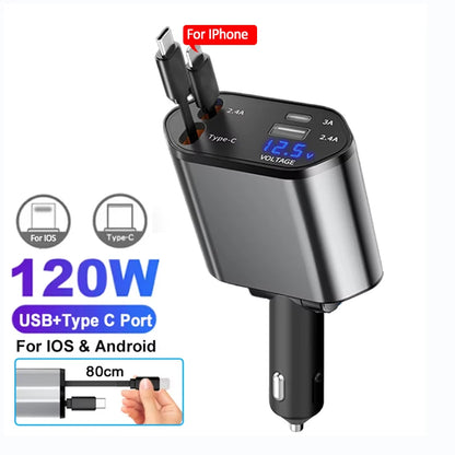 120W Retractable Fast Car Charger with 4-in-1 Charging Ports