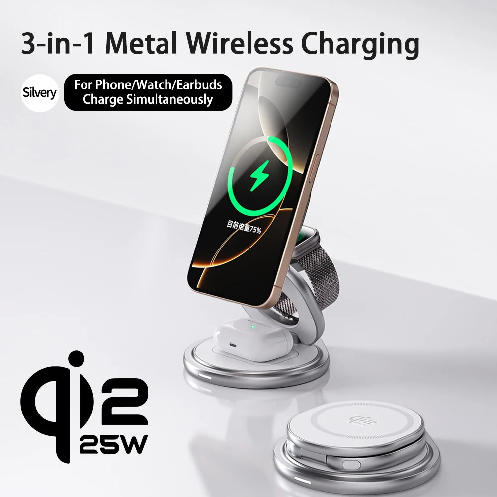 Qi2.2 25W 3-in-1 Magnetic Wireless Charging Station for iPhone & Watch