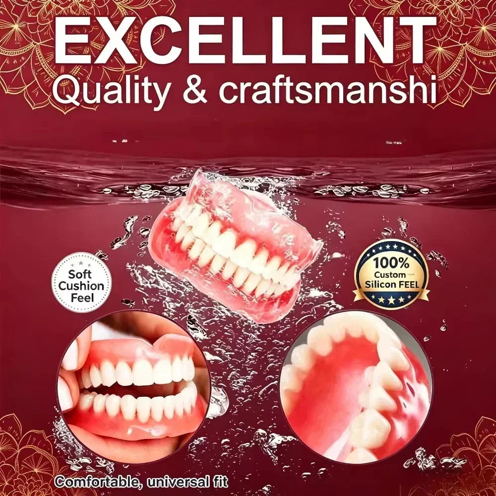 Comfort Fit Silicone Dentures - Full Mouth Dental Care Set with Storage Case - 7