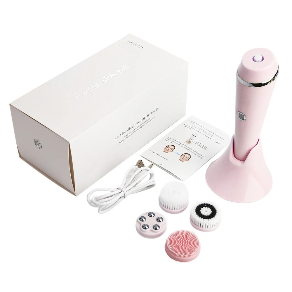 4-in-1 Electric Facial Cleansing Brush - Waterproof Rechargeable Skin Spa Kit - 17
