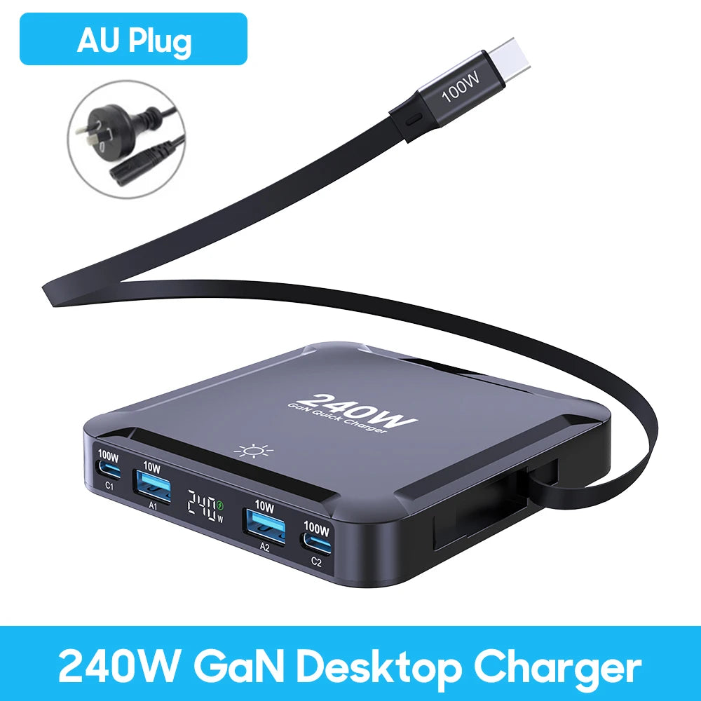 240W 5-in-1 GaN Fast Charging Station with 100W Retractable Cable