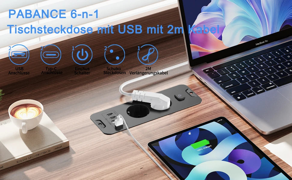 Desktop Recessed Power Strip - Built-in 3 AC Sockets, USB & PD 20W Type-C