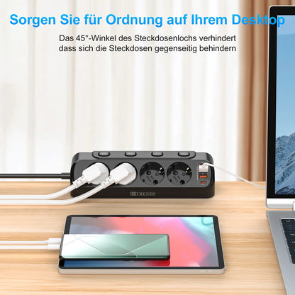 Desktop Power Strip with USB-C Fast Charging & 4 Individual Switches