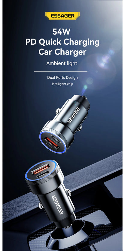 Essager 54W Dual Port Fast Car Charger - USB-C & USB-A PD/QC 3.0 Adapter
