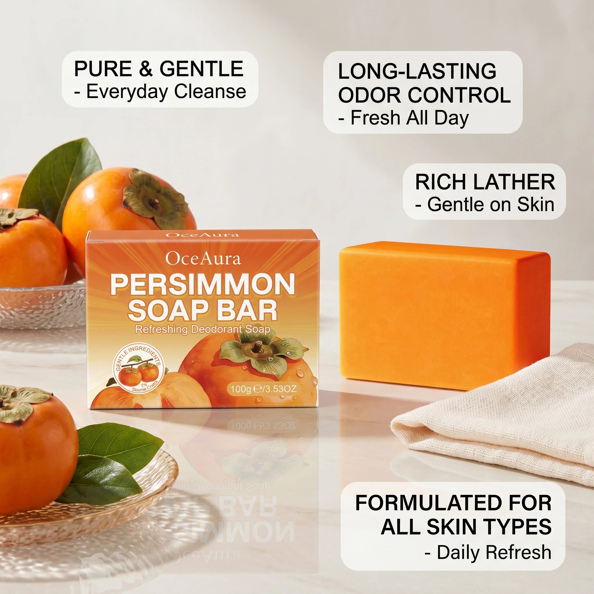 Natural Persimmon Extract Deodorizing Body Soap Bar for Odor Control & Fresh Skin - 4