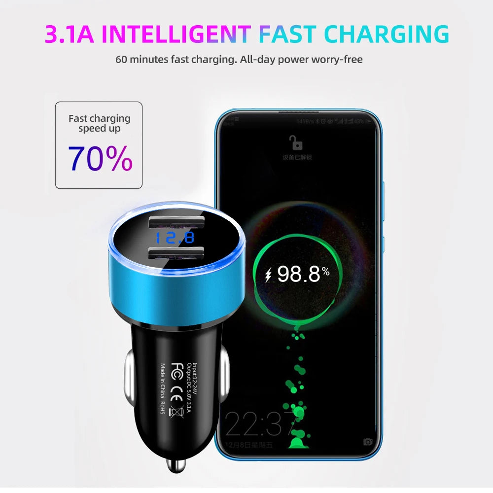 Dual USB Car Charger Adapter with Digital LED Voltmeter Voltage Display