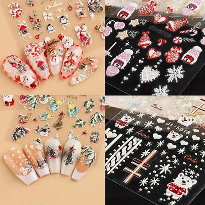 5D Embossed Christmas Nail Art Stickers - Winter Holiday Snowflake & Santa Decals