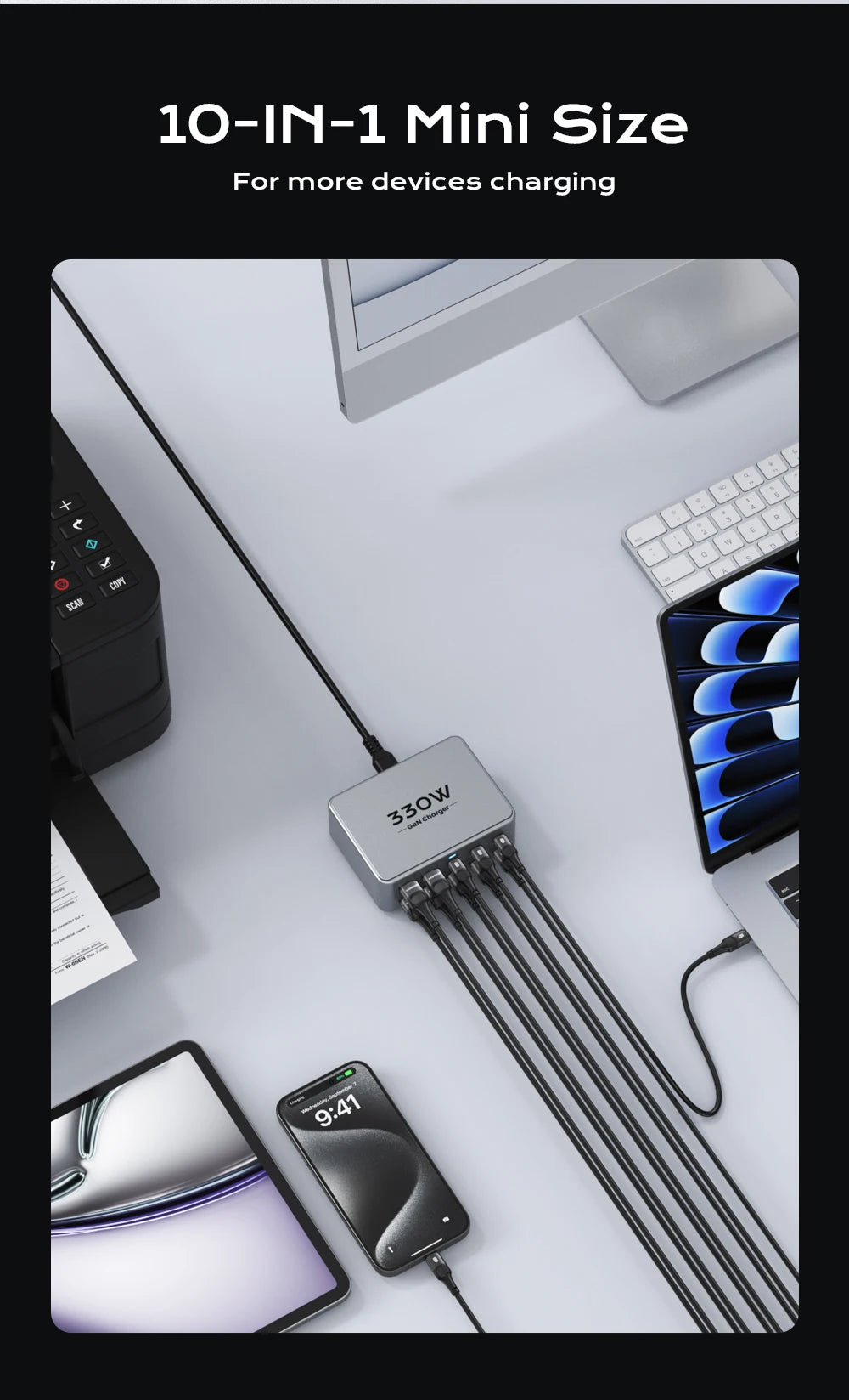 330W 10-Port GaN Fast Charging Station for Laptops, Smartphones & Tablets