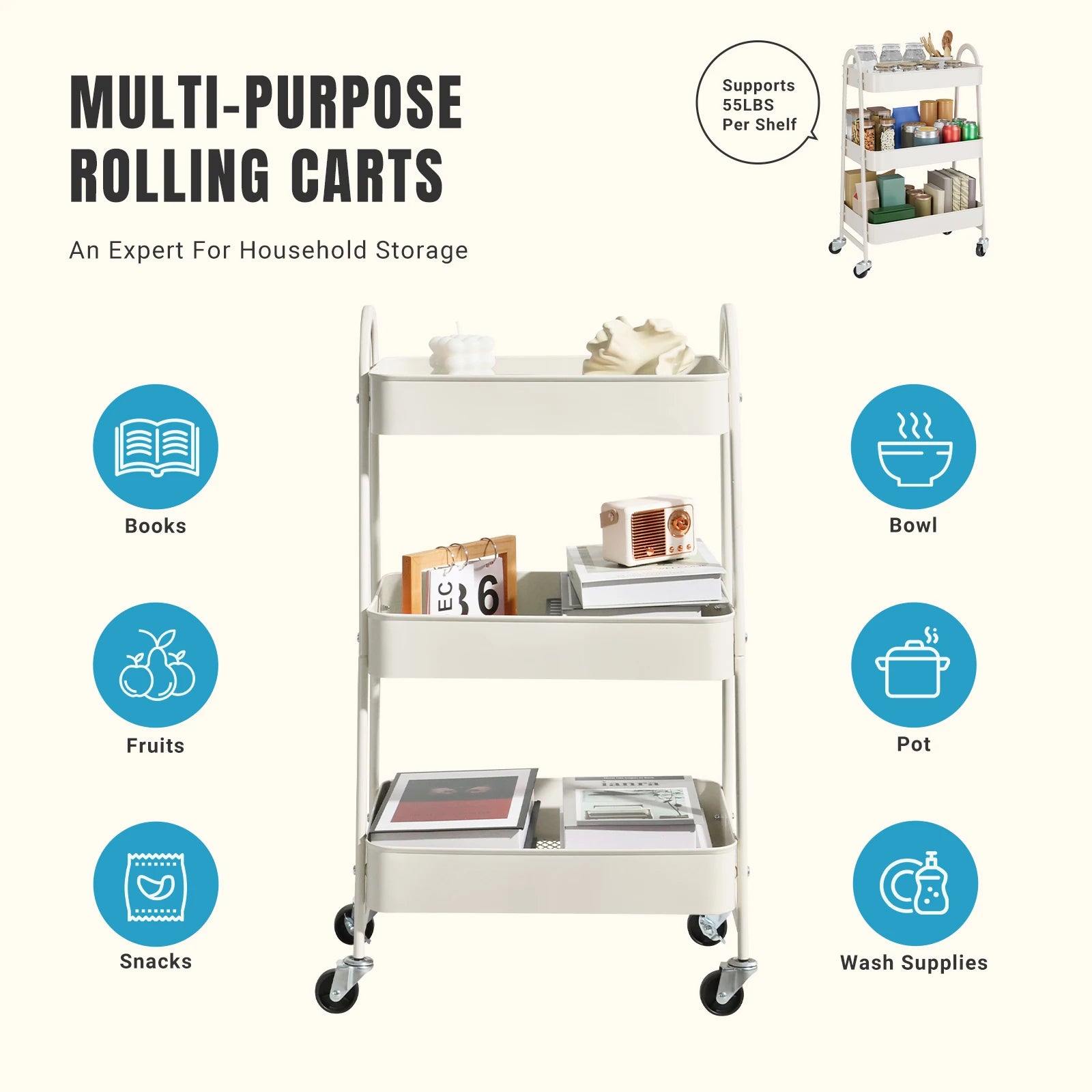 3-Tier Rolling Storage Utility Cart with Lockable Wheels for Home - 4