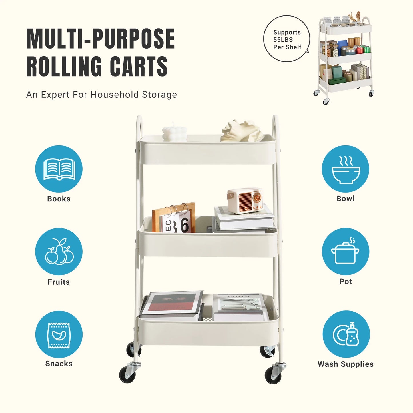 3-Tier Rolling Storage Utility Cart with Lockable Wheels for Home
