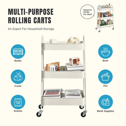 3-Tier Rolling Storage Utility Cart with Lockable Wheels for Home