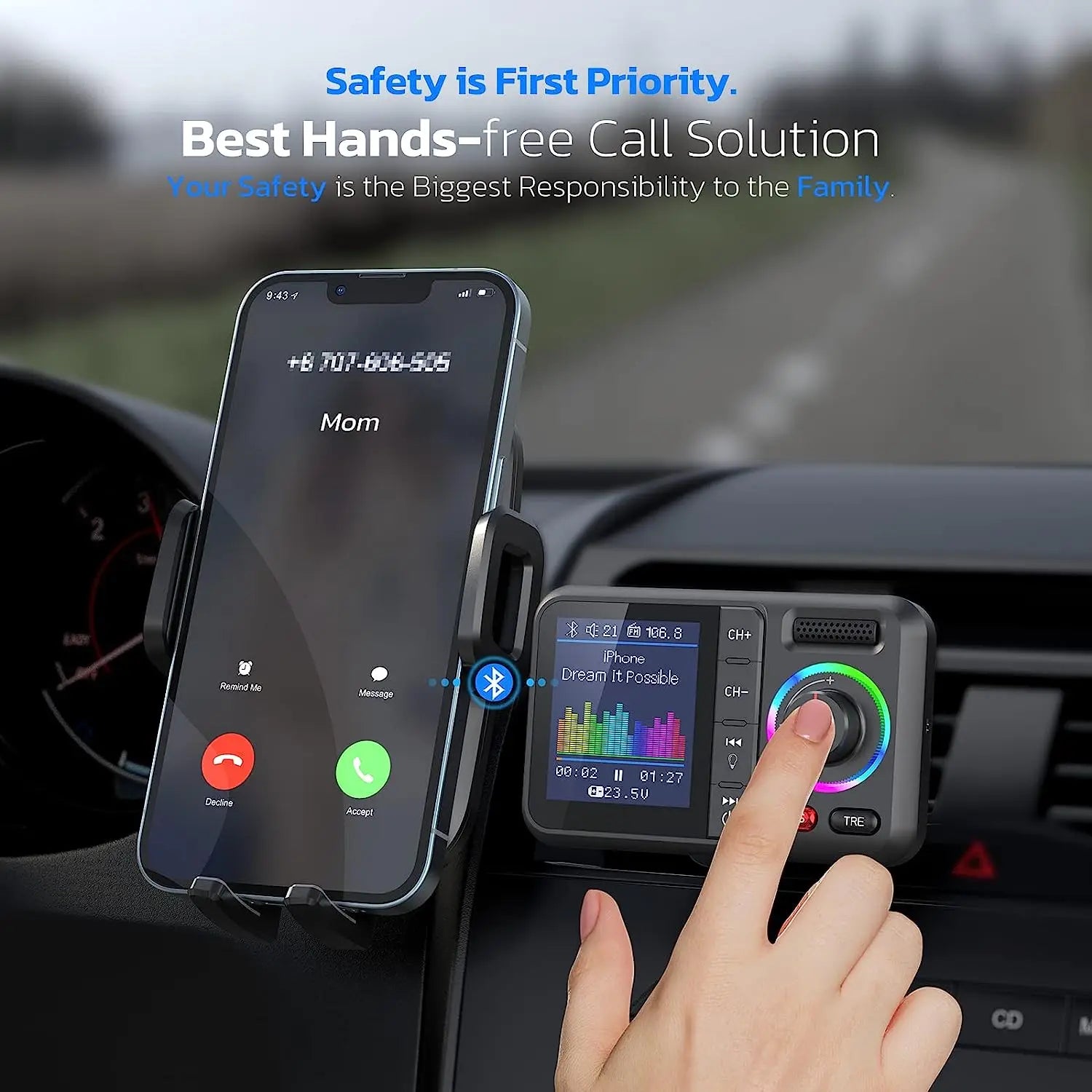 Wireless Car FM Transmitter with QC3.0 Fast Charging & Color Display - 3