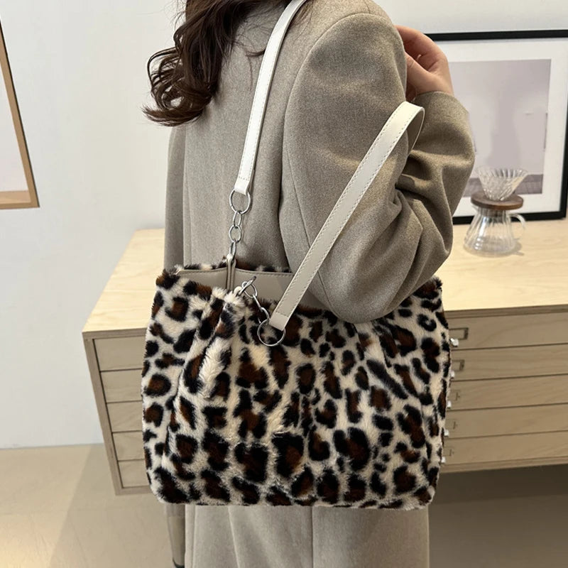 Luxury Leopard Fluffy Fur Tote