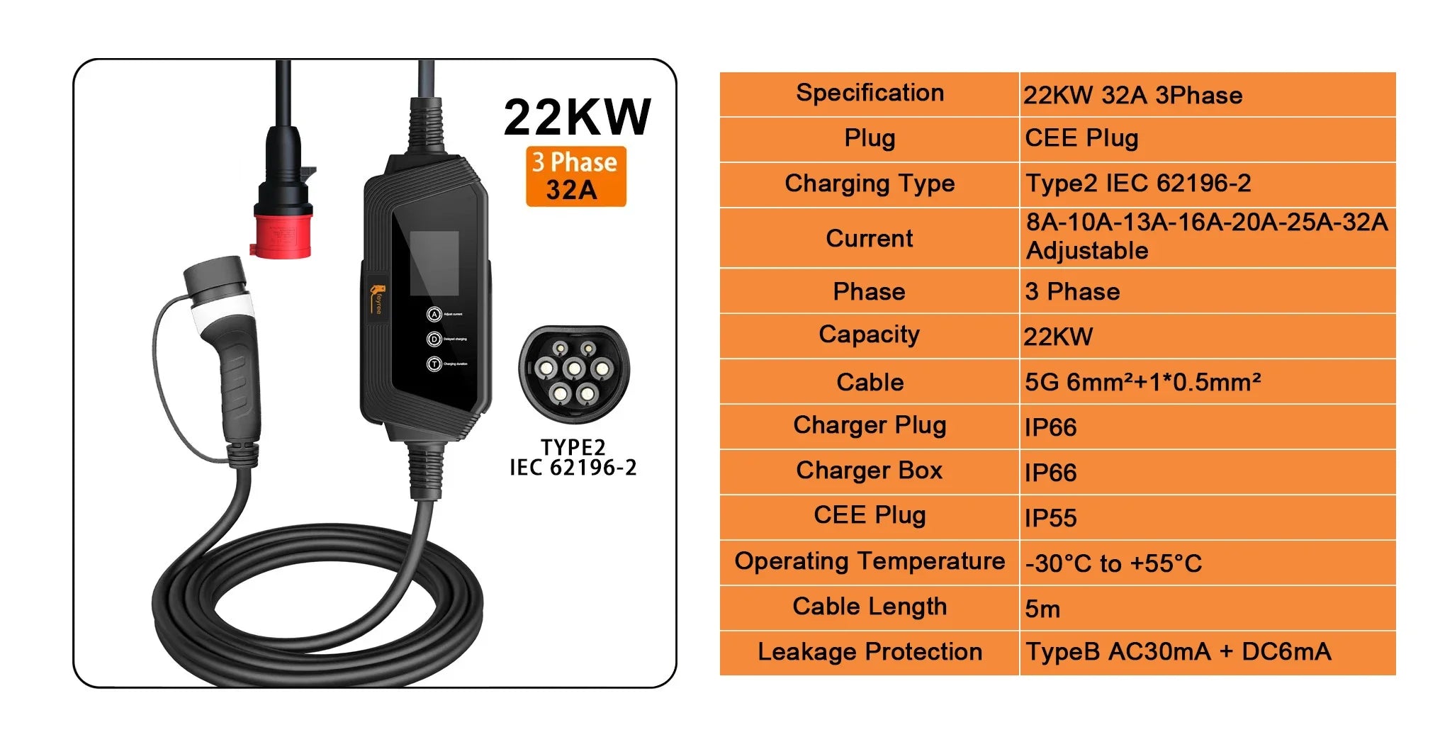 Portable Type 2 EV Charger - 7KW/11KW/22KW Fast Charging Cable - 11