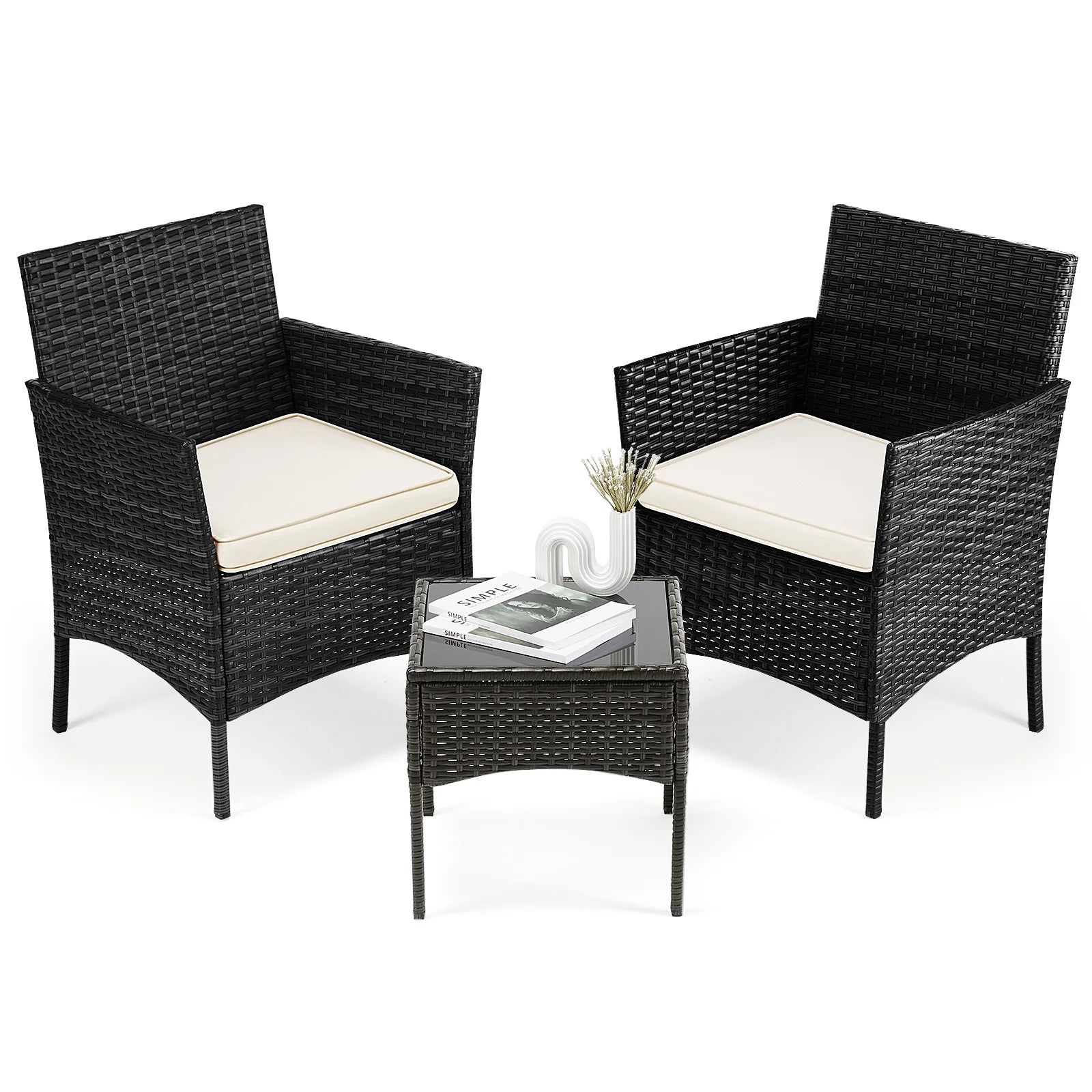 3-Piece Outdoor Rattan Patio Furniture Set with Cushions & Glass Table - 7