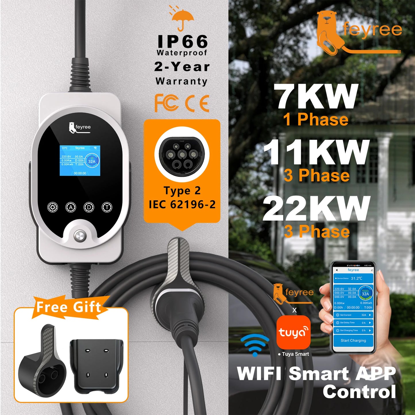 Smart Type 2 EV Charger: 7kW/11kW/22kW Portable & Wall-Mount Charging Station