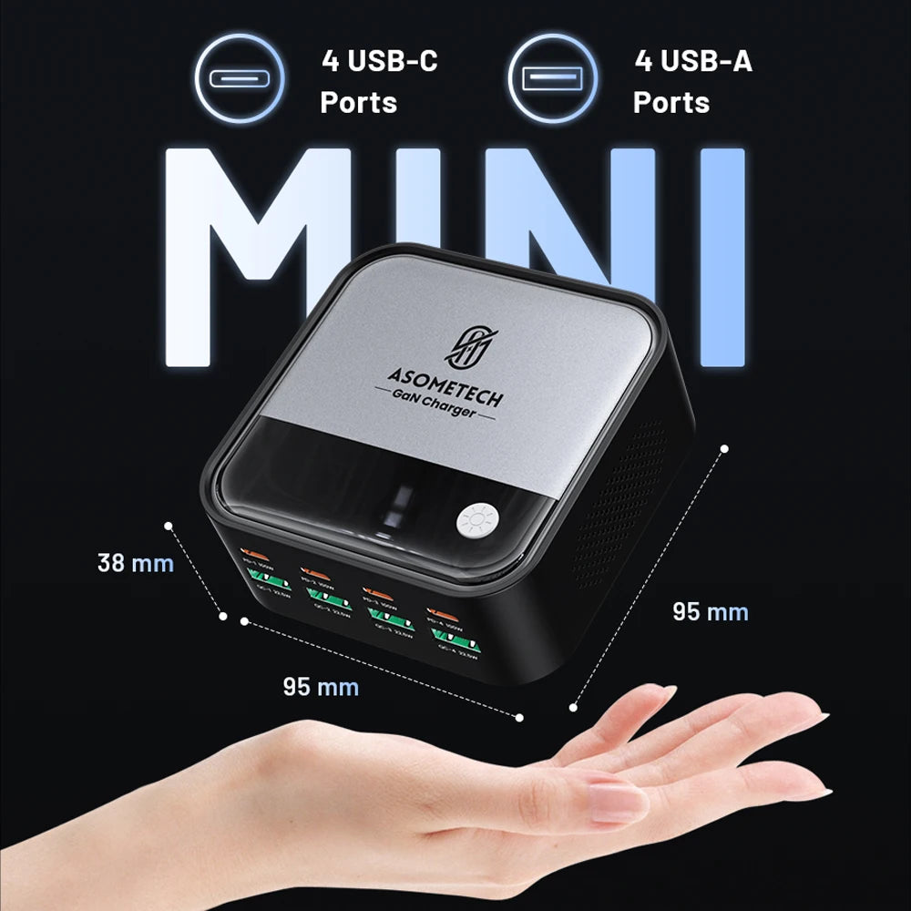 100W GaN 8-Port Desktop USB Charger with LED Digital Display & Lighting