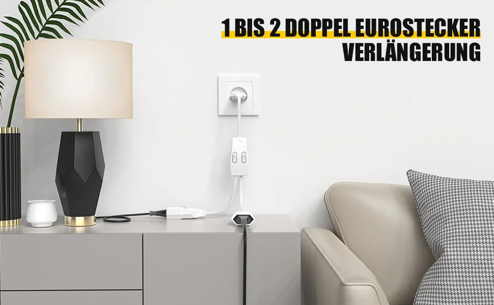 German Standard Dual Socket Extension Cable - Compact 2-Way Power Splitter