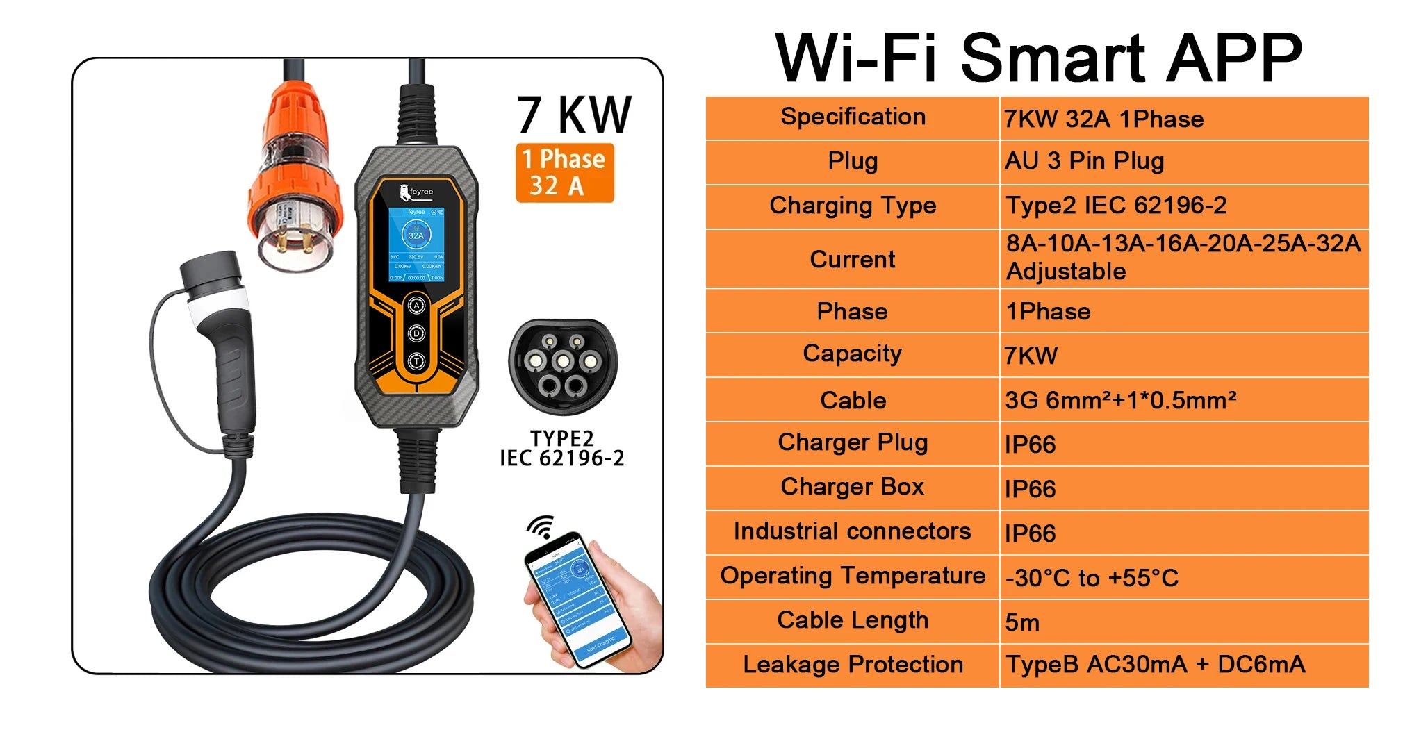 7KW Portable EV Charger Type 2, 32A Adjustable Smart WiFi Fast Car Charger - 7