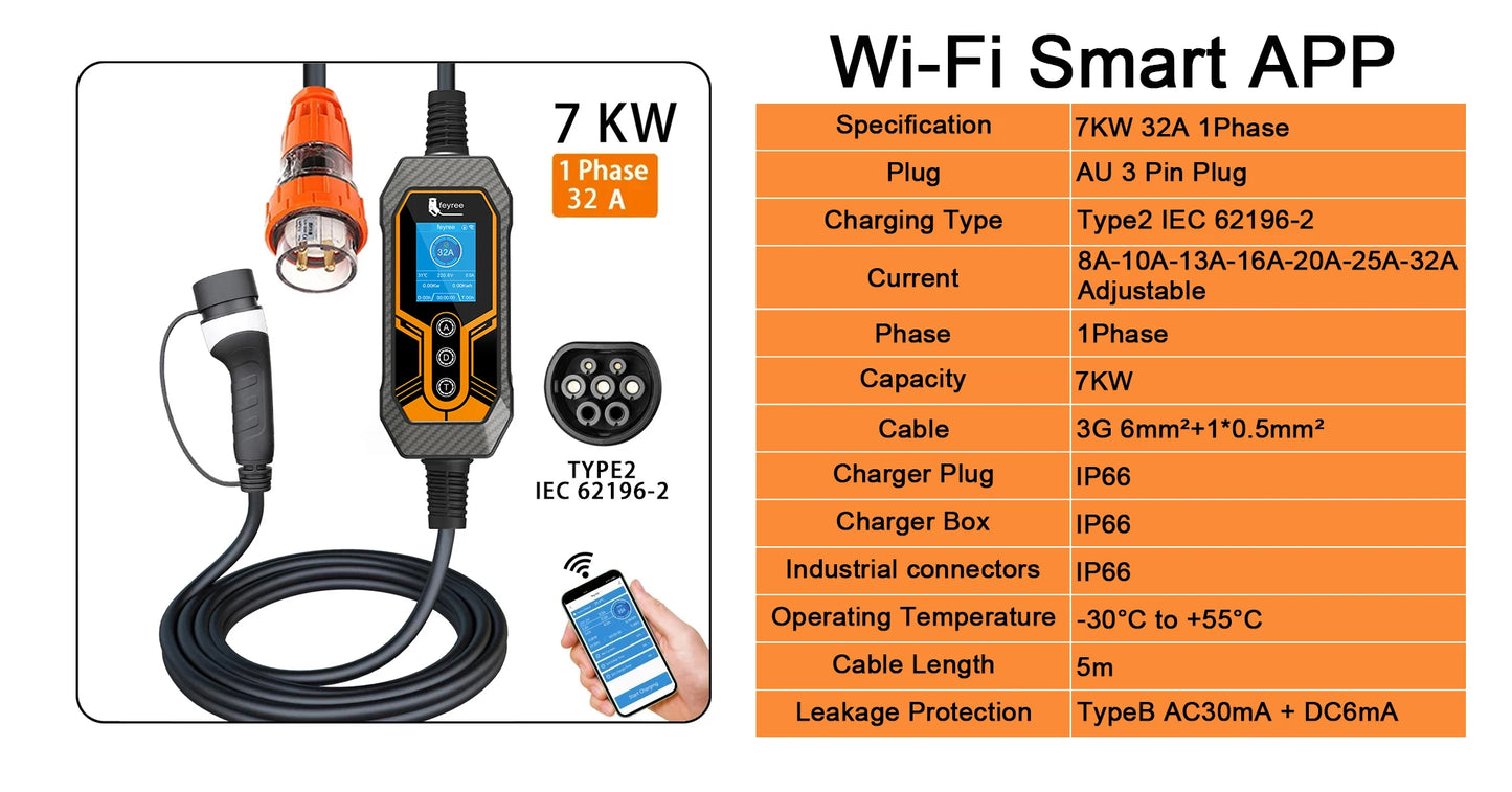 7KW Portable EV Charger Type 2, 32A Adjustable Smart WiFi Fast Car Charger