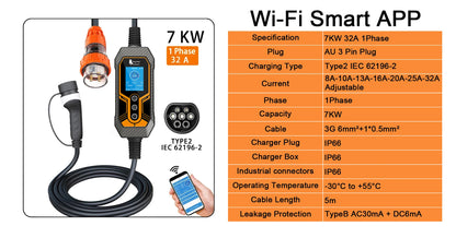 7KW Portable EV Charger Type 2, 32A Adjustable Smart WiFi Fast Car Charger