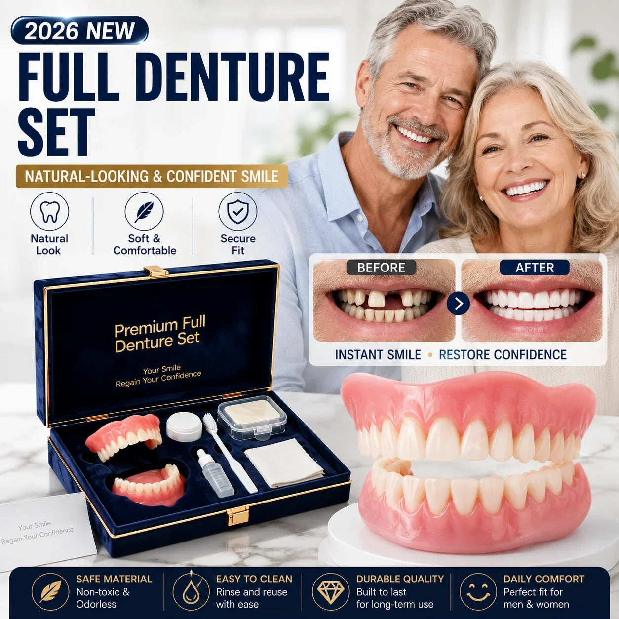 Instant Smile Temporary Denture Set - Natural-Looking Upper & Lower Cosmetic Teeth - 2
